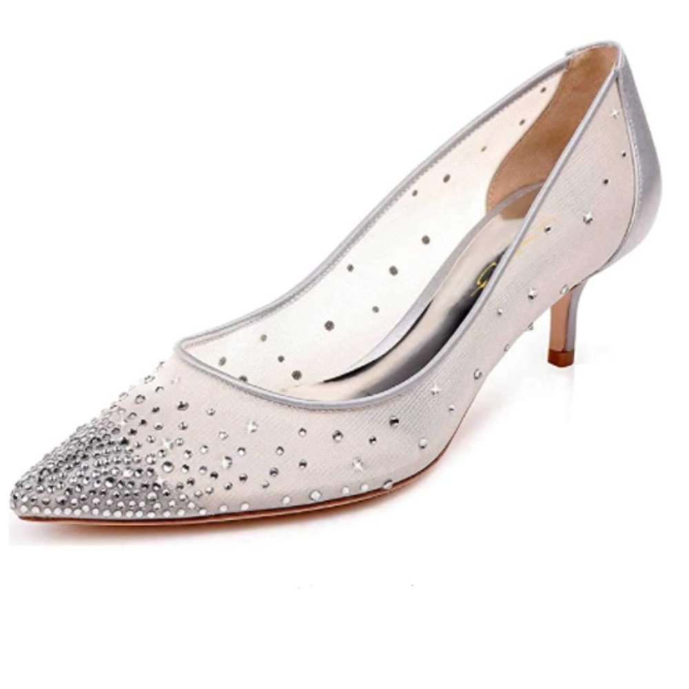 XYD Silver Kitten Heel Rhinestones Mesh Pumps